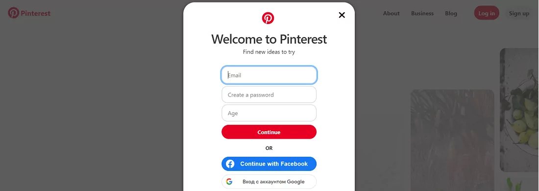 A Pinterest sign-up form